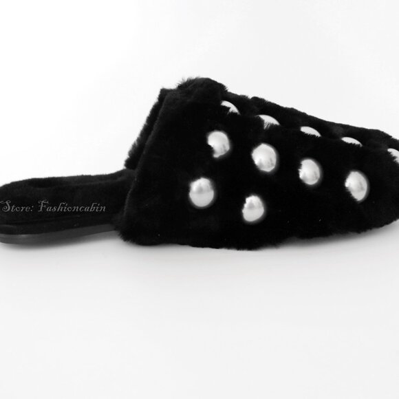 NEW Alexander Wang Amelia Shearling Slippers w Silver Studs | Designer Luxe Cozy - Picture 9 of 14